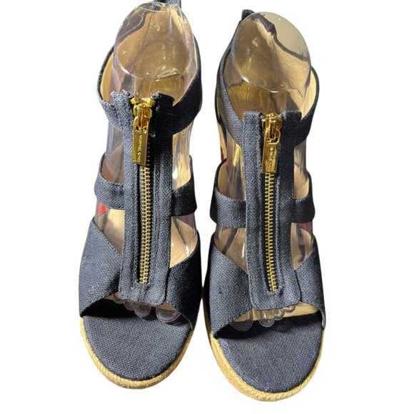 Michael Kors Navy Blue Canvas & Jute Wedge Sandals With Gold Zipper‎ Size 9.5 - Picture 5 of 11